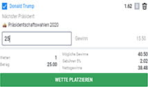 Ein Wettschein mit der Auswahl von Donald Trump als Präsident nach den Wahlen 2020 für einen Einsatz von 25€.