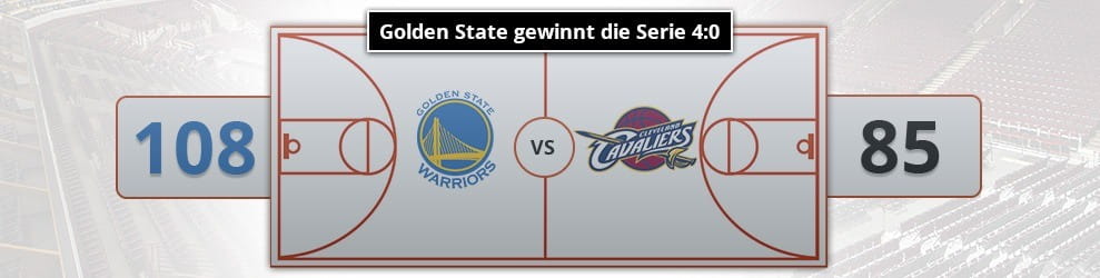 Eine Eishockeyfläche mit den Logos von Golden State und Cleveland und dem Ergebnis sowie dem Serienendstand.