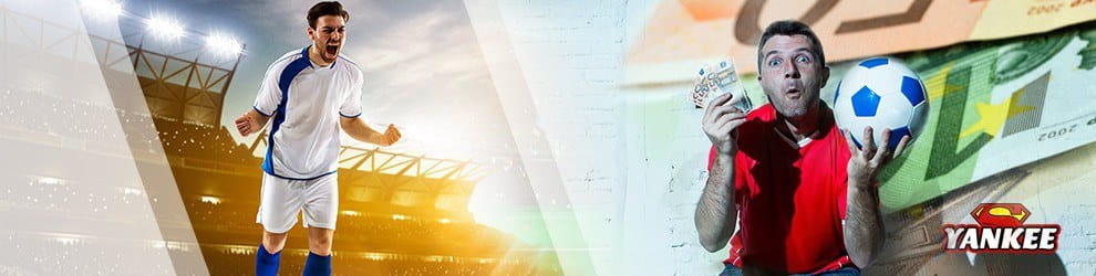 Ein jubelnder Fußballspieler und ein Sportwetter freut sich über den Gewinn einer Super Yankee Wette.