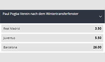 Der Transfer Wetten Markt für Paul Pogba mit den Quoten seiner potentiellen neuen Vereine.