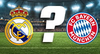Die Logos von Real Madrid und Bayern München sowie in der Mitte ein Fragezeichen.