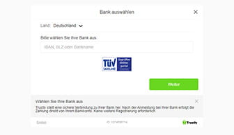 Die Maske für die Einzahlung bei Trustly mit der Auswahl der Bank.