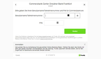 Das Formular auf der Seite von Trustly mit der Eingabemaske für Benutzernamen und PIN der ausgesuchten Bank.