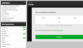 Die Webseite von Betway mit der Maske für die Einzahlung via Trustly.