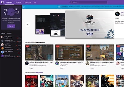 Die Übersicht der Live Stream Angebote vom eSport auf der Seite von Twitch.