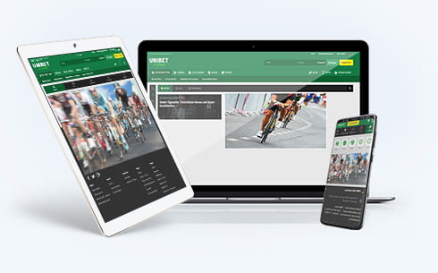 Ein Laptop, ein Tablet und ein Smartphone mit Wetten und Bildern zum Giro d’Italia. 