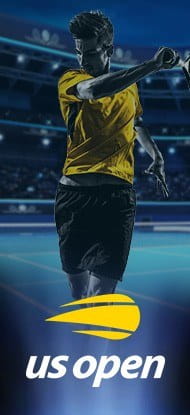 Ein Tennisspieler und das Logo der US Open.