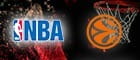 Das NBA und das EuroLeague Logo und im Hintergrund ein Basketballkorb.