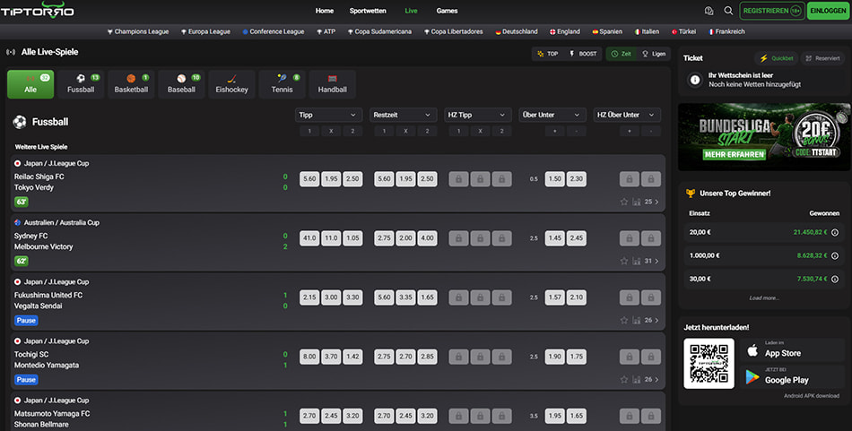 Live-Wetten auf der Tiptorro Webseite