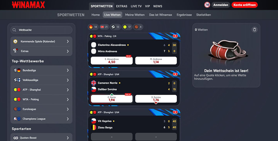 Die Live Wetten auf der Seite von Winamax