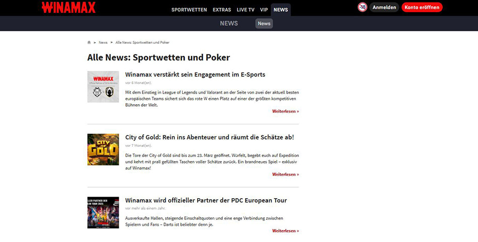 Der News-Bereich von Winamax