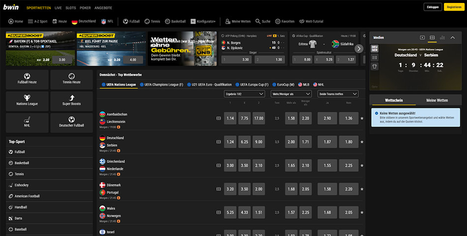 Startseite der bwin Webseite mit Top-Wettbewerben und Wettschein