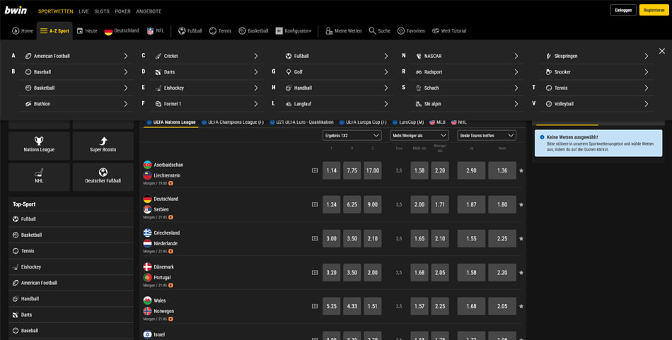 Übersicht der Sportarten und des Wettangebots bei bwin
