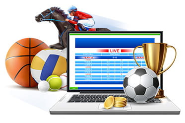Ein Laptop mit einer geöffneten Live Wetten Seite und verschiedene Symbole für Sportarten wie ein Fußball oder ein Tennisball dazu Geld und ein Pokal.