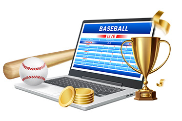 Ein Laptop mit Baseball Live Wetten, ein Pokal, Münzen sowie ein Baseball mit einem Schläger