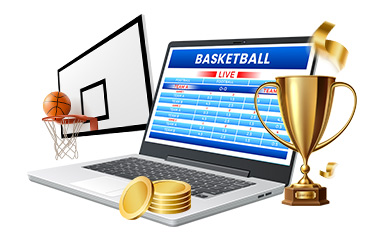 Ein Laptop mit Basketball Live Wetten, ein Pokal, Münzen und ein Basketball mit Korb