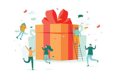 Ein sehr großes Geschenkpaket und sich freuende Menschen.