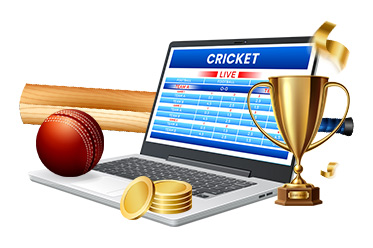 Ein Laptop mit Cricket Live Wetten, ein Pokal, Münzen sowie ein Cricketball mit Schläger