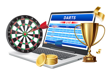 Ein Laptop mit Darts Live Wetten, ein Pokal, Münzen und eine Dartscheibe