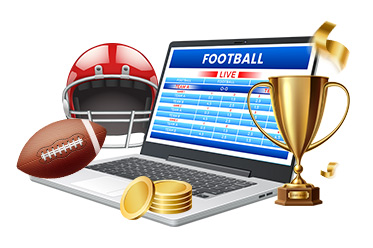 Ein Laptop mit Football Live Wetten, ein Pokal, Münzen, ein Helm und ein Football
