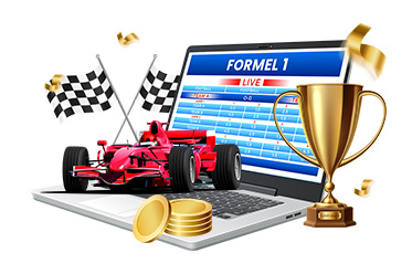 Ein Laptop mit Golf Live Wetten, ein Pokal, Münzen, Flaggen und ein roter Formel 1 Wagen.
