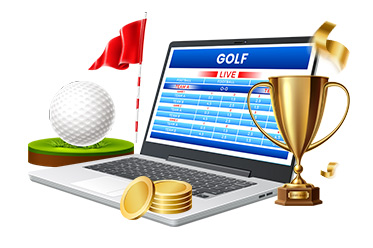 Ein Laptop mit Golf Live Wetten, ein Pokal, Münzen und ein Golfball