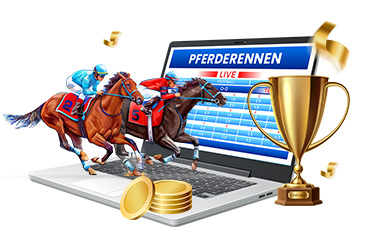 Ein Laptop mit Pferderennen Live Wetten, ein Pokal, Münzen und zwei Jockeys auf ihren Pferden