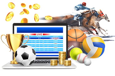 Ein Laptop mit einer Live Wetten Übersicht sowie verschiedene Sportgeräte, ein Pokal und Münzen.