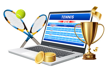 Ein Laptop mit Tennis Live Wetten, ein Pokal, Münzen und zwei Tennisschläger mit Ball