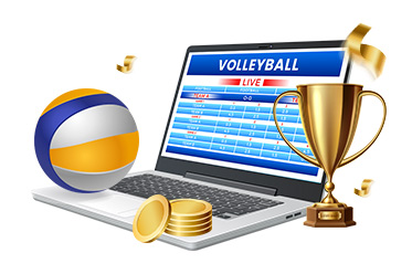 Ein Laptop mit Volleyball Live Wetten, ein Pokal, Münzen und ein Volleyball