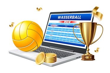 Ein Laptop mit Wasserball Live Wetten, ein Pokal, Münzen und ein Wasserball