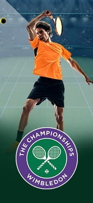Ein Tennisspieler und das Logo von Wimbledon.