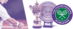 Die Pokale für die Gewinner und das Logo von Wimbledon. 