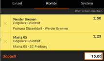 Ein Wettschein von Tipwin mit der Kombiwette Bremen und Mainz zu einem Einsatz von 15€.