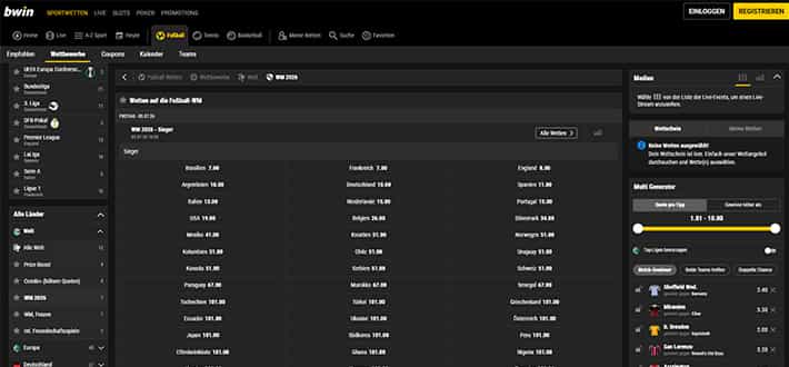Die Fußball WM Quoten auf der Webseite von bwin.