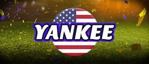 Das Logo der Yankee Wette und im Hintergrund ein Fußballplatz.