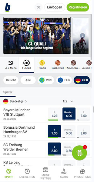 Quotenansicht in der bet-at-home App