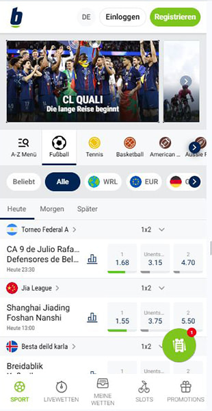 Sportarten-Auswahl in der bet-at-home App