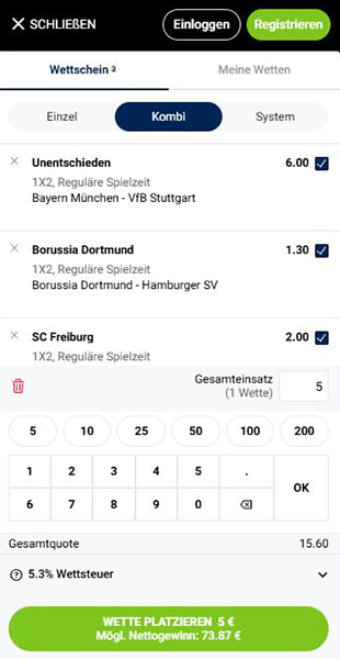 Einsatz eingeben in der bet-at-home App