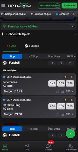 Champions-League-Spiele in der Tiptorro App