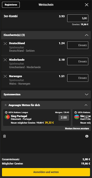 Der Wettschein auf der mobilen bwin Seite