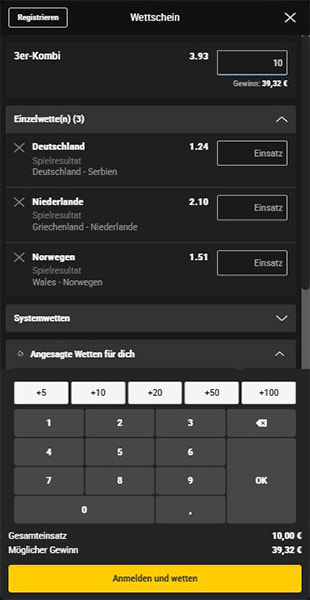 Einsatz auf der mobilen bwin Seite eingeben