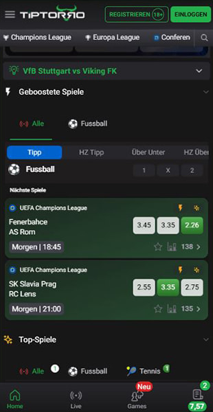 Zwei ausgewählte Quoten in der Tiptorro App