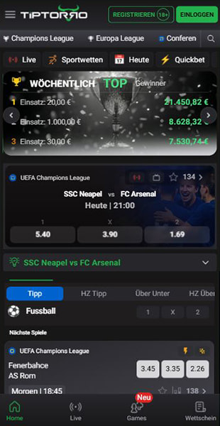 Startseite der Tiptorro App mit Champions-League-Spielen