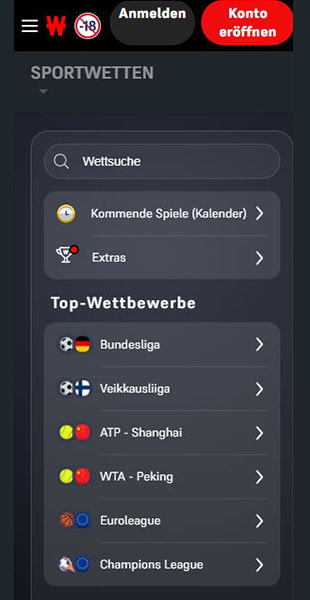 Sportarten-Auswahl in der Winamax App