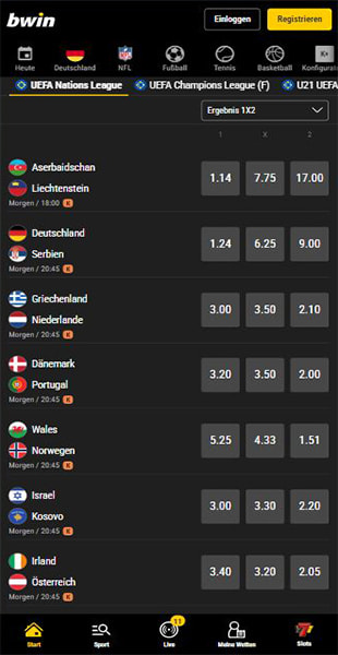 Nations-League-Wetten auf der mobilen bwin Seite