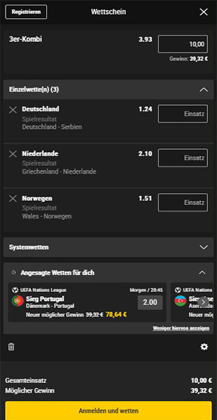 Wette auf der mobilen bwin Seite abgeben