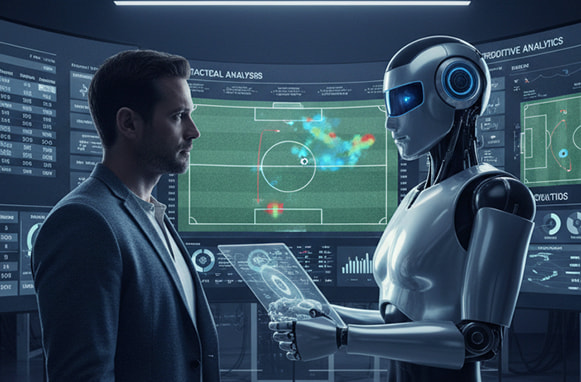 Digitale Illustration eines Mannes und eines humanoiden Roboters, die sich frontal gegenüberstehen; im Hintergrund Statistikmotive.