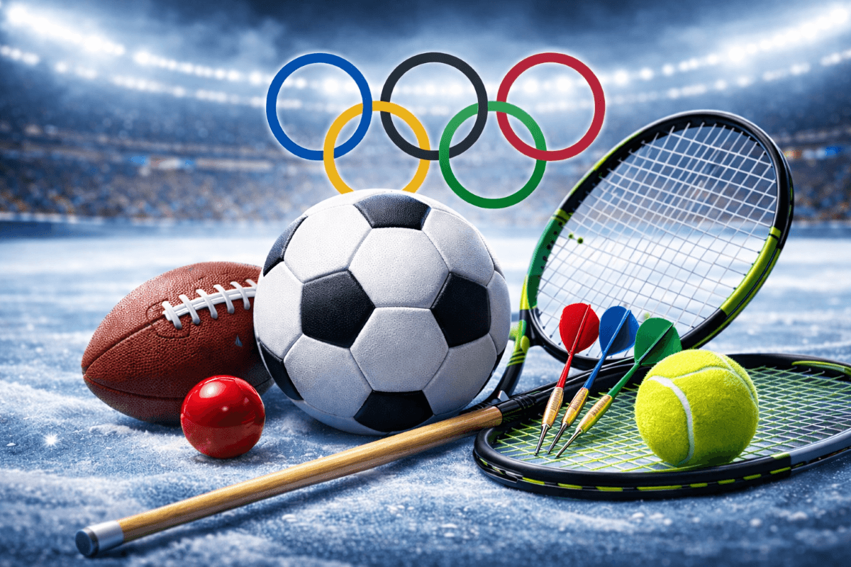 Symbole verschiedener Sportarten. Ein Fußball, ein Queue, ein Football und die Olympischen Ringe.