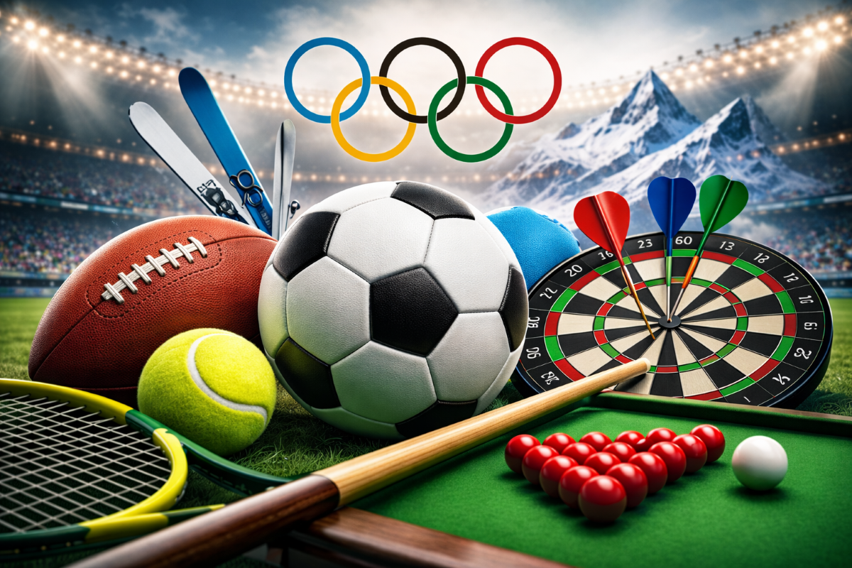 Symbole verschiedener Sportarten. Ein Fußball, ein Queue, eine Dartscheibe, ein Football und die Olympischen Ringe.